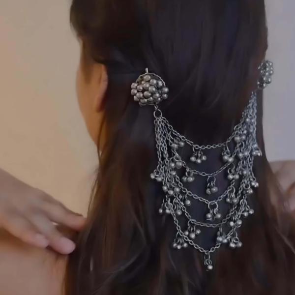 Oxidised Silver Ghungroo Hair Bun Accessory - Image 3