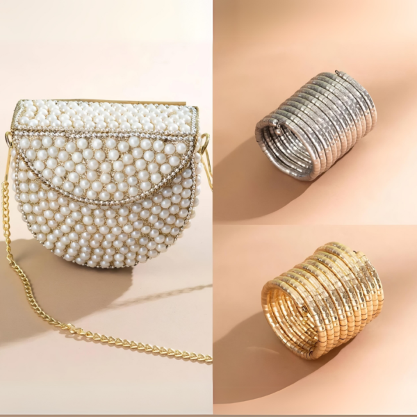 Pearl Handbag (Mini) Spiral Viral Gold and Silver Bracelets (Festive Combo)