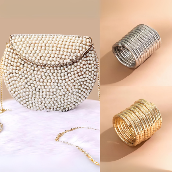 Pearl Handbag Spiral Viral Gold and Silver Bracelets (Festive Combo)