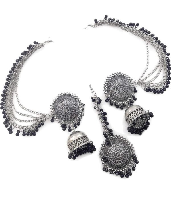 Oxidised Silver Afghani Kashmiri Hair Chain Bahubali Earrings Set with Maangtika - Image 2