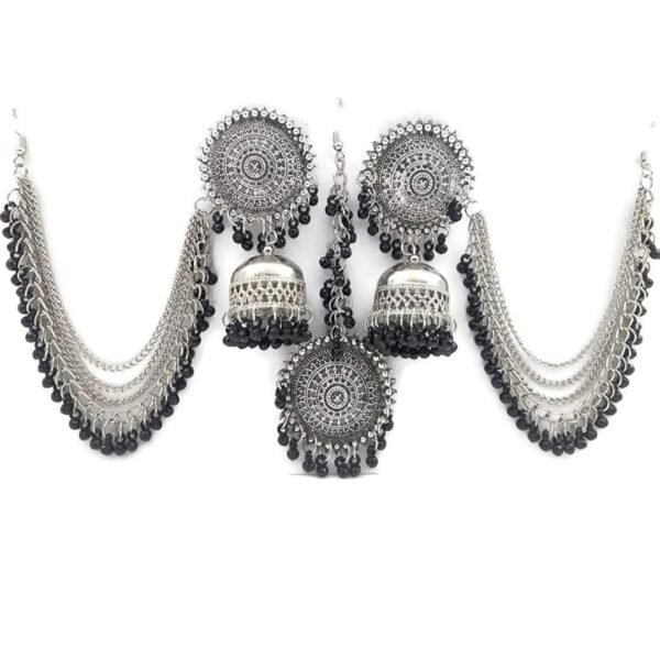 Oxidised Silver Afghani Kashmiri Hair Chain Bahubali Earrings Set with Maangtika