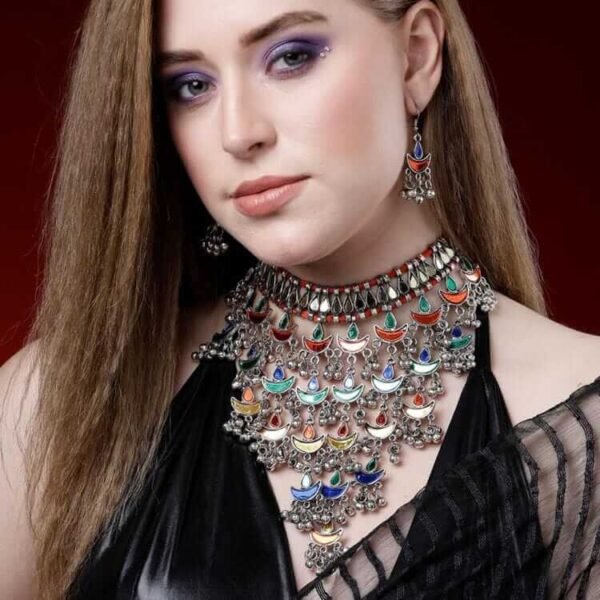 Multi Color Mirror Handcrafted Oxidised Necklace Set