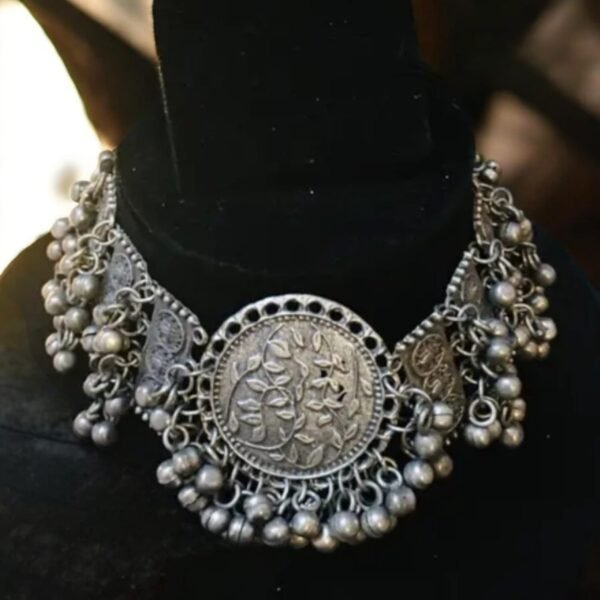 Latest Boho Tribal Ghungharoo Metal Oxidised Choker Necklace Jewellery Set - Image 2