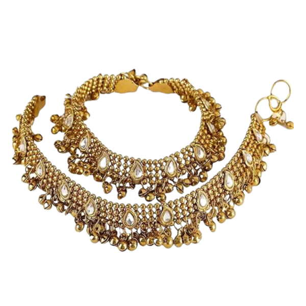 Handcrafted Kundan Gold Plated Ghunghroo Anklets Payal - Image 3