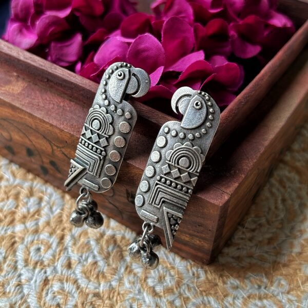 Handcrafted Traditional Silver Replica Tota (Parrot) Earrings - Image 3