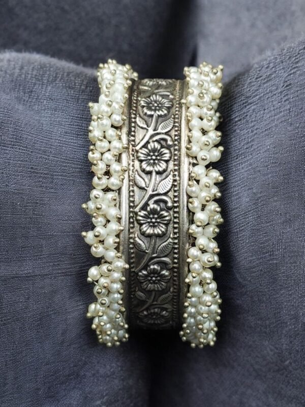 Handmade Cuff Bangle Silver Replica Floral Art | Unique Pearl Work Bracelet - Image 3