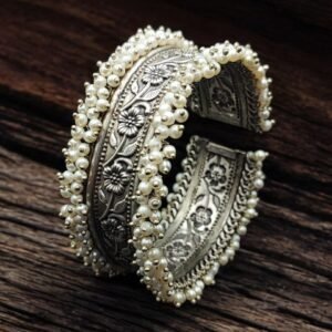 Handmade Cuff Bangle Silver Replica Floral Art | Unique Pearl Work Bracelet