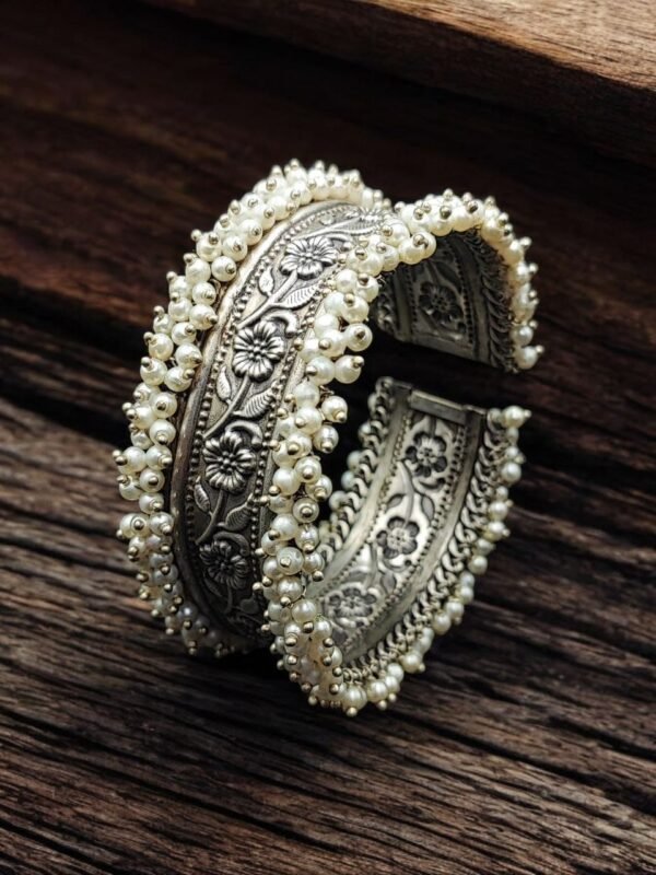 Handmade Cuff Bangle Silver Replica Floral Art | Unique Pearl Work Bracelet