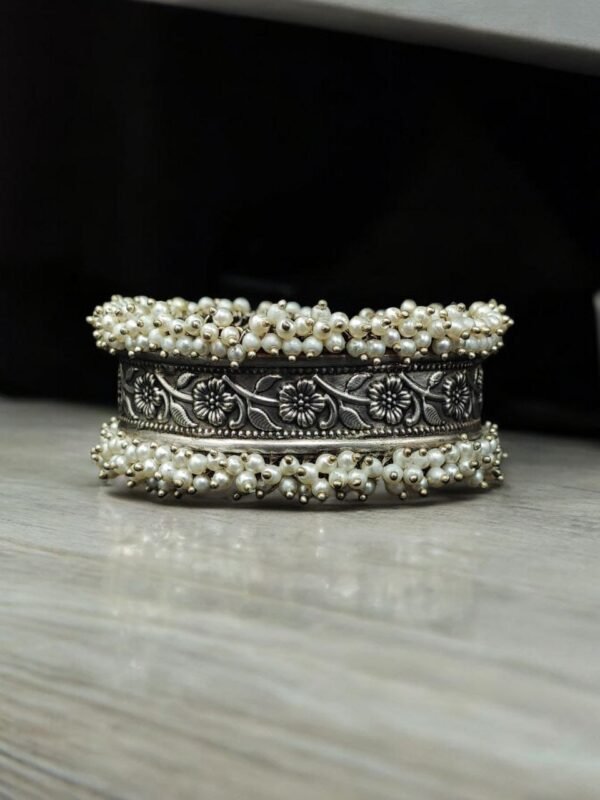 Handmade Cuff Bangle Silver Replica Floral Art | Unique Pearl Work Bracelet - Image 2