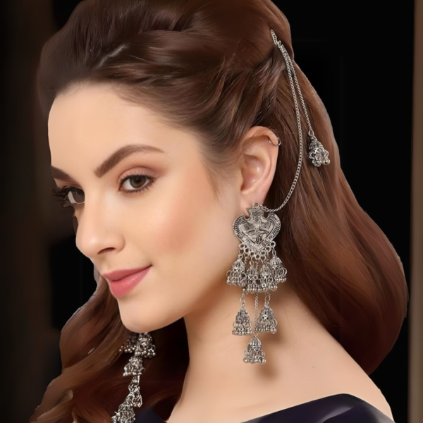 Oxidised Silver Afghani Kashmiri Earrings with Jhumki and Hair Chain Bahubali Earrings Set - Image 3
