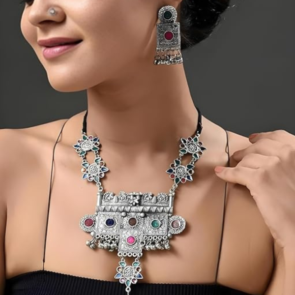 Silver Oxidised Tribal Minakari Afghani Bohemian Choker Necklace Set