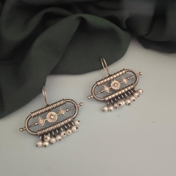 Traditional Antique Polish Silver Replica Pearl Hook Earrings - Image 2