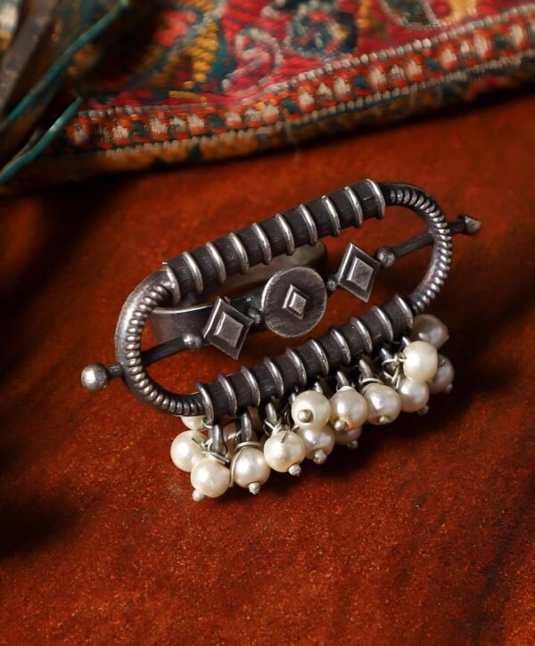 Traditional Antique Polish Silver Replica Pearl Hook Finger Ring - Image 2