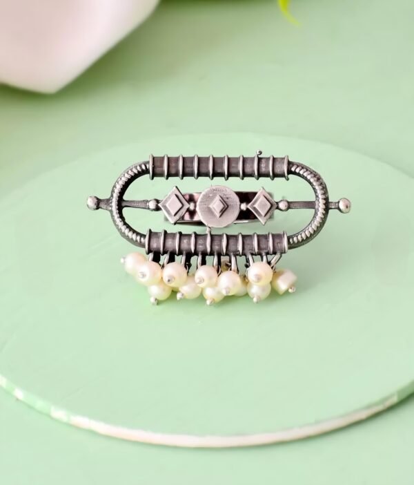 Traditional Antique Polish Silver Replica Pearl Hook Finger Ring - Image 3