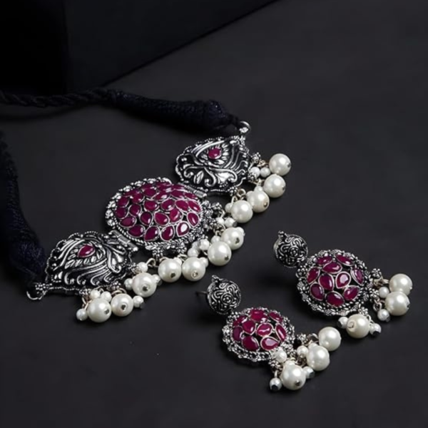 Traditional Oxidised Silver Choker Necklace Set 4 - Image 2