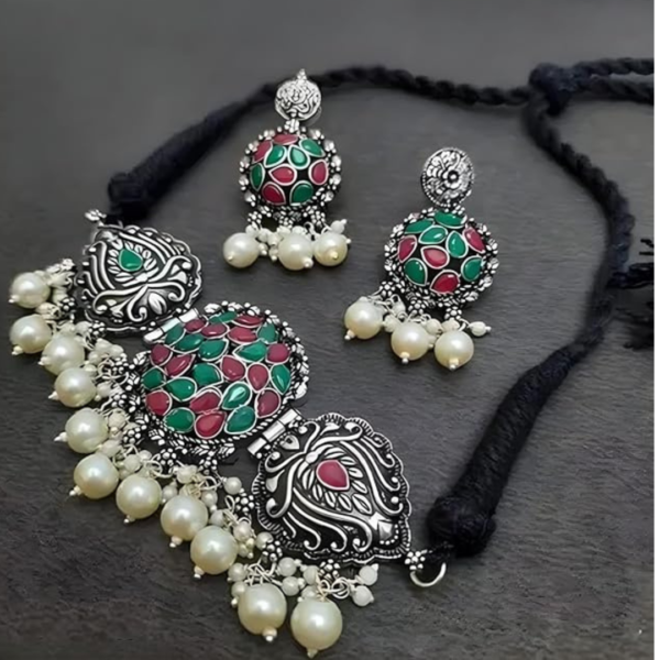 Traditional Oxidised Silver Choker Necklace Set 3 - Image 5