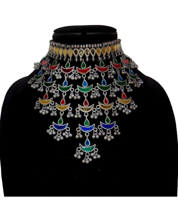 Traditional Oxidised Meenakari Multicolor Long Necklace Set - Image 2