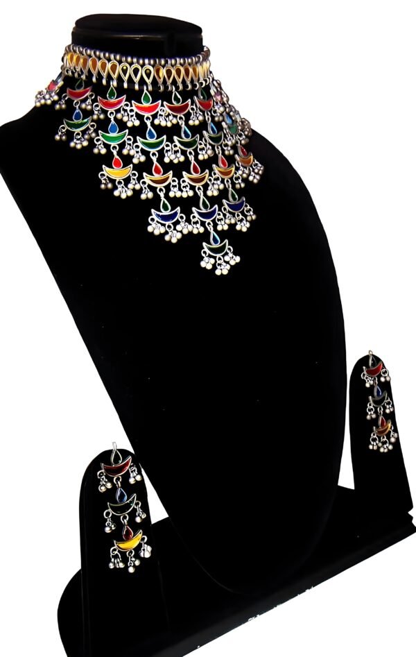 Traditional Oxidised Meenakari Multicolor Long Necklace Set - Image 3