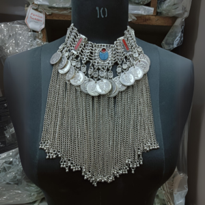 Traditional Oxidised Multichain with Coins Long Choker Necklace Set