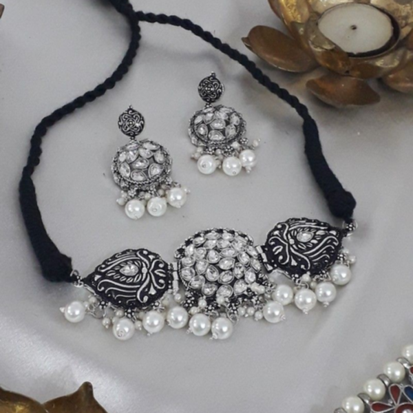Traditional Oxidised Silver Choker Necklace Set 5