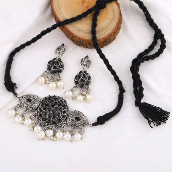 Traditional Oxidised Silver Choker Necklace Set 6 - Image 4