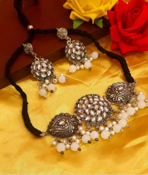 Traditional Oxidised Silver Choker Necklace Set 5 - Image 4