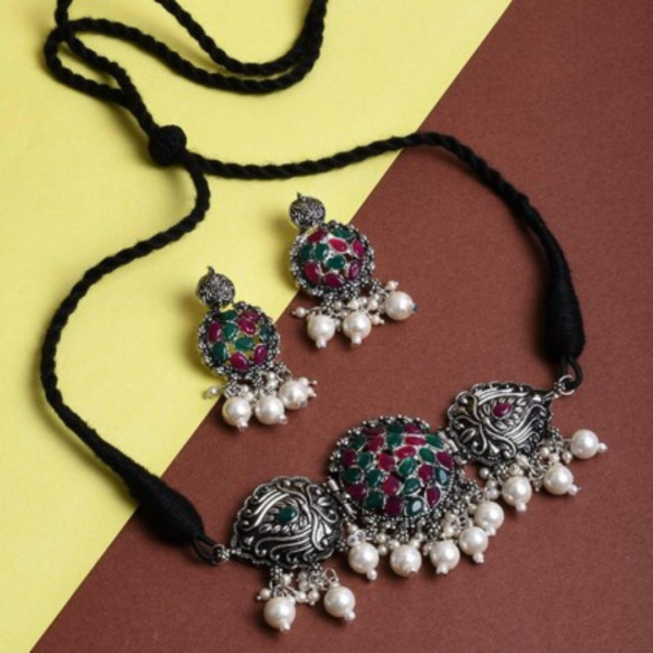 Traditional Oxidised Silver Choker Necklace Set 3