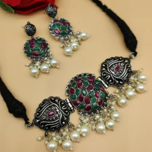 Traditional Oxidised Silver Choker Necklace Set 3 - Image 3