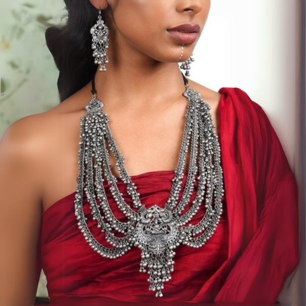 Traditional Oxidised Silver Heavy Ghungharoo Long Necklace Set for Women