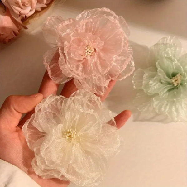 Premium Korean Flower-Shaped Organza Pastel Color Hair Clips - Image 2