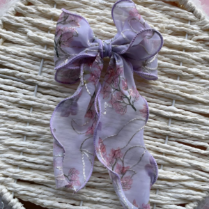 Luxury Large Flower Embroidery Bow Korean Hair Clip With Ribbon Wedding Hair Accessories for Women and Girls (Lavender)