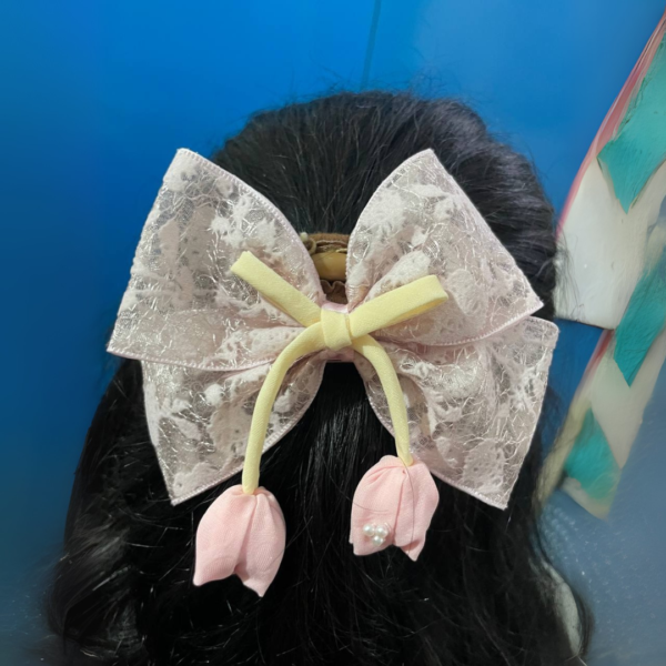 Tulip Korean-Inspired Floral Hair Accessory for Women & Girls – Elegant Bow Clip with Hanging Tulip Aesthetic Hair Claw (Pink) - Image 3