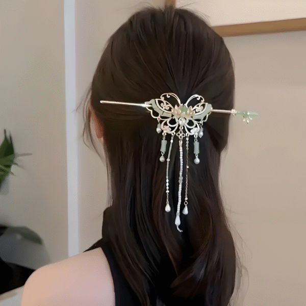 Chinese Style Hanfu Alloy Exquisite Pearl Tassel Hair Stick – Classical Chinese Butterfly Shaped Hair Accessories - Image 2