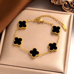 Clover Bracelet Five Leaf 18k Gold plated Waterproof Stainless Steel (Black)