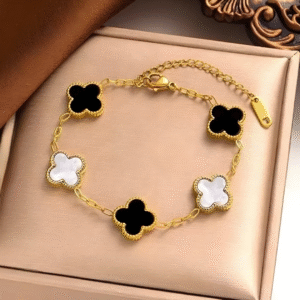 Clover Bracelet Five Leaf 18k Gold plated Waterproof Stainless Steel (Black & White)