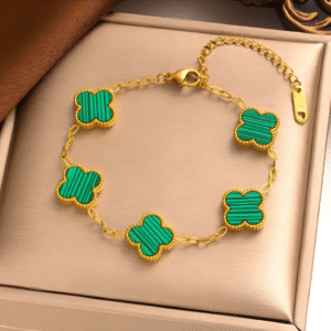 Clover Bracelet Five Leaf 18k Gold plated Waterproof Stainless Steel (Green)