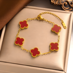 Clover Bracelet Five Leaf 18k Gold plated Waterproof Stainless Steel (Red)