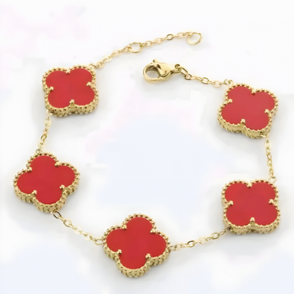 Clover Bracelet Five Leaf 18k Gold plated Waterproof Stainless Steel (Red) - Image 2