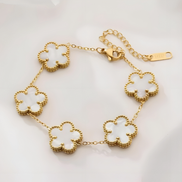 Clover Bracelet Five Leaf 18k Gold plated Waterproof Stainless Steel (White) - Image 2