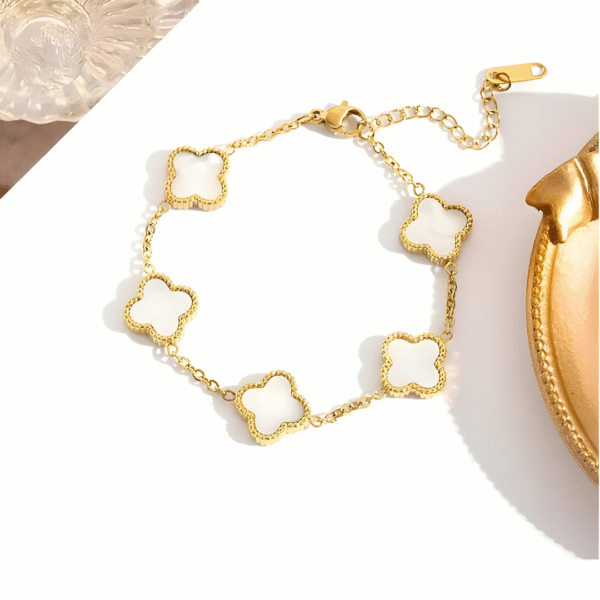 Clover Bracelet Five Leaf 18k Gold plated Waterproof Stainless Steel (White) - Image 3