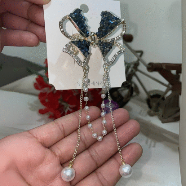 Cute Bow Pearl Stone Hair Caw Clips For Women & Girls (Blue) - Image 3
