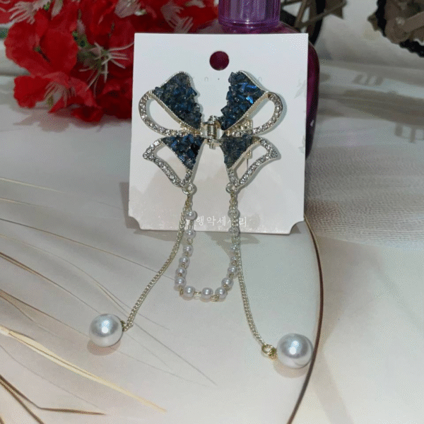 Cute Bow Pearl Stone Hair Caw Clips For Women & Girls (Blue) - Image 2