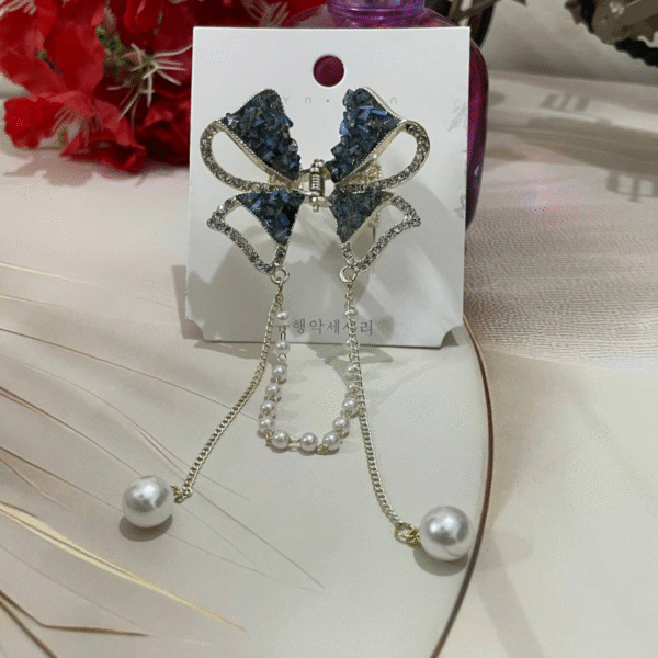 Cute Bow Pearl Stone Hair Caw Clips For Women & Girls (Blue) - Image 4