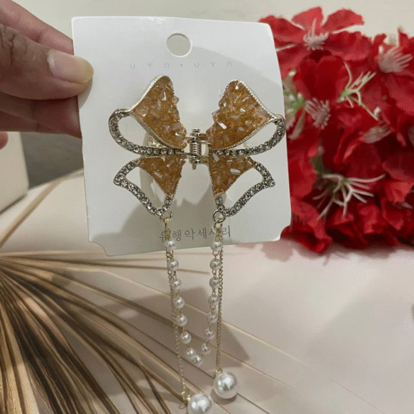 Cute Bow Pearl Stone Hair Caw Clips For Women & Girls (Brown) - Image 2