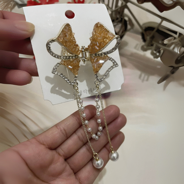 Cute Bow Pearl Stone Hair Caw Clips For Women & Girls (Brown) - Image 3