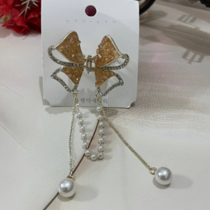 Cute Bow Pearl Stone Hair Caw Clips For Women & Girls (Brown)