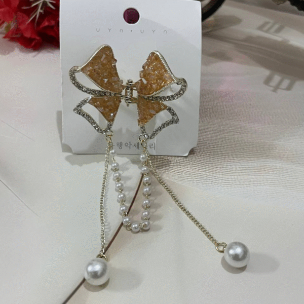 Cute Bow Pearl Stone Hair Caw Clips For Women & Girls (Brown)