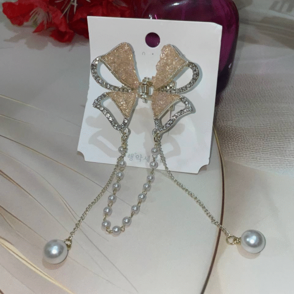 Cute Bow Pearl Stone Hair Caw Clips For Women & Girls (Peach) - Image 3