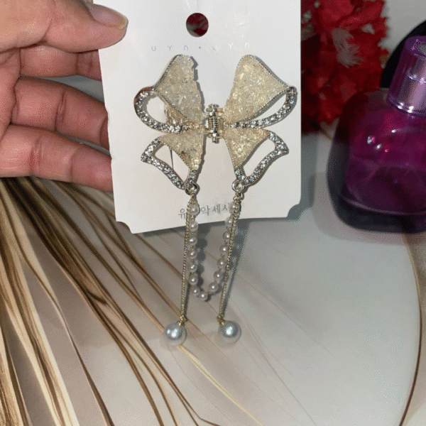 Cute Bow Pearl Stone Hair Caw Clips For Women & Girls (White) - Image 3