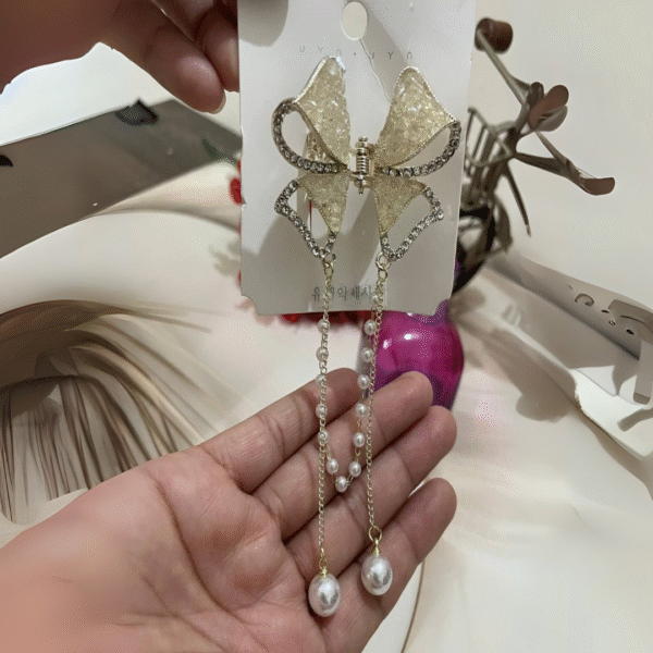 Cute Bow Pearl Stone Hair Caw Clips For Women & Girls (White) - Image 4